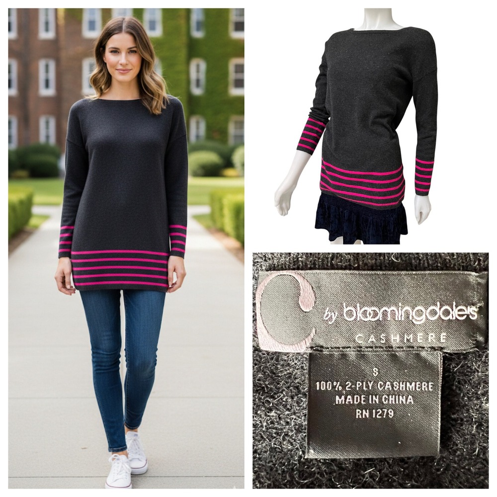 C by Bloomingdale's Cashmere‎ Sweater 2-ply Small Gray Pink Striped Tunic Preppy